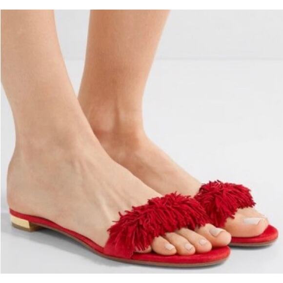 NEW Aquazzura Wild Thing Red Suede Fringe Slide Flats EU 37.5 - Picture 1 of 9